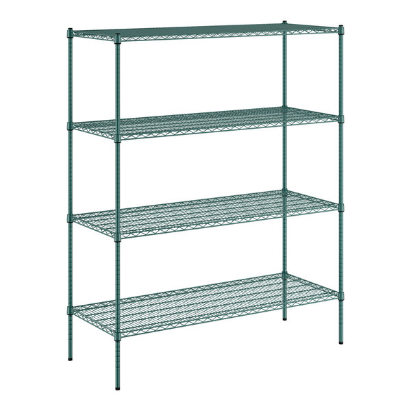 A green metal wire shelving unit with four shelves.