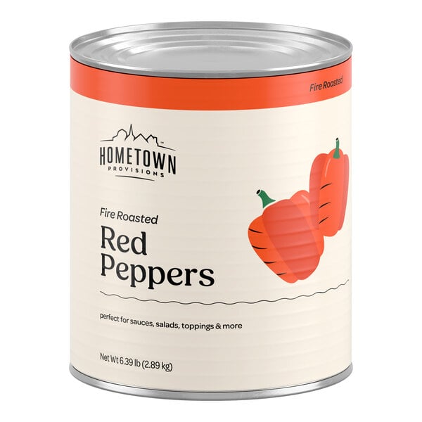 A large can with a label showing two illustrated red peppers and text indicating it contains fire roasted red peppers.