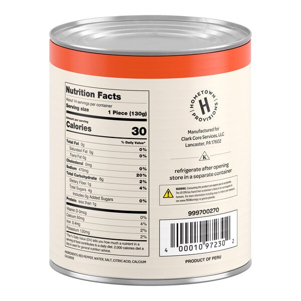 The image shows the back of a can with a red top rim, displaying nutrition facts, a barcode, and storage instructions.