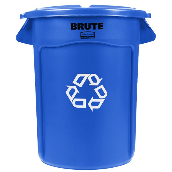 A blue Rubbermaid BRUTE recycling can with a lid.