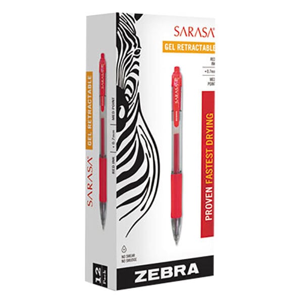 A box of 12 Zebra Sarasa red gel pens with red ink and red transparent barrels.