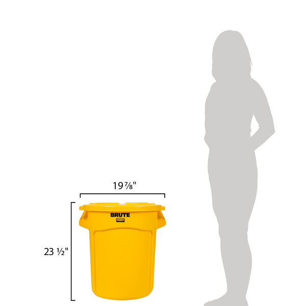 A woman standing next to a yellow Rubbermaid BRUTE 20 gallon trash can with a lid.