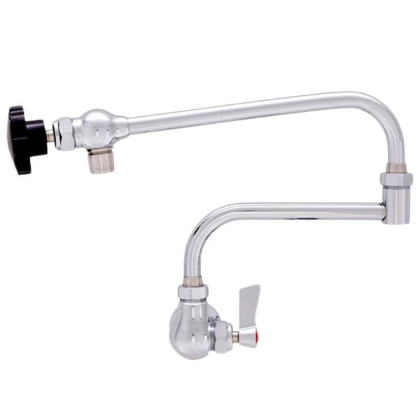 A Fisher chrome wall mounted pot filler faucet with a double-jointed control spout.