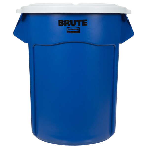 A blue Rubbermaid BRUTE trash can with a white lid.