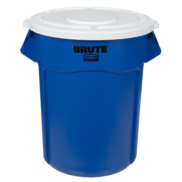 A blue Rubbermaid BRUTE trash can with a white lid.