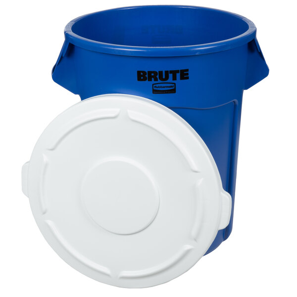 A blue Rubbermaid BRUTE trash can with a white lid.