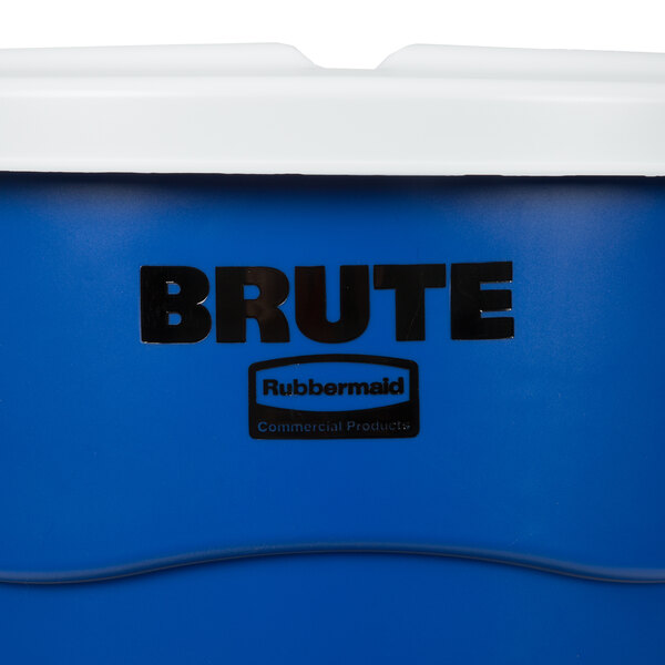 A blue Rubbermaid BRUTE trash can with a white lid.