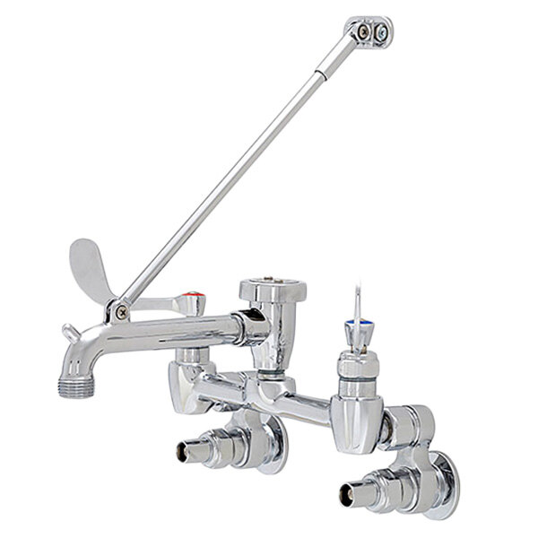A chrome Fisher wall mounted service sink faucet with lever handles and a garden hose outlet.