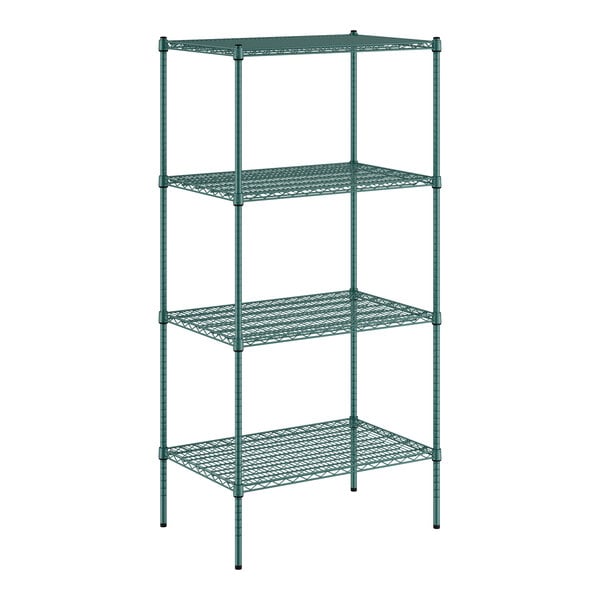 A green wire shelving unit with four shelves.