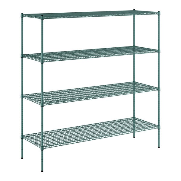 A green wire shelving unit with four shelves.