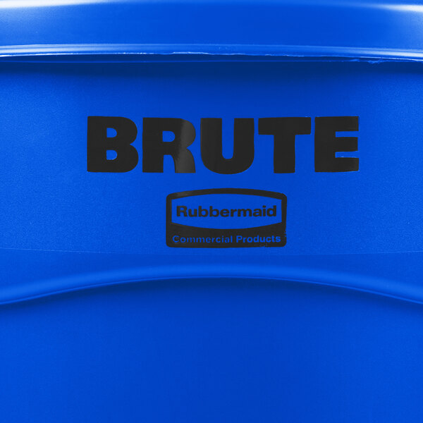 A close up of a blue Rubbermaid BRUTE trash can lid with a black logo.