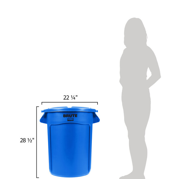 A blue Rubbermaid trash can with a lid on it.