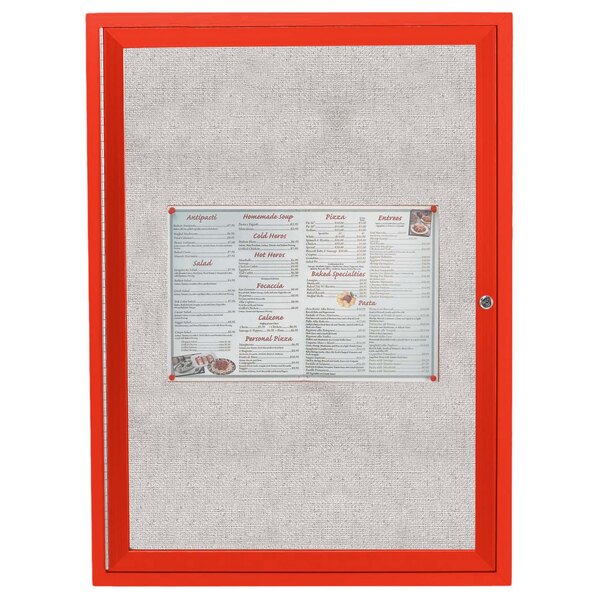 An Aarco red outdoor bulletin board with a menu list on it.