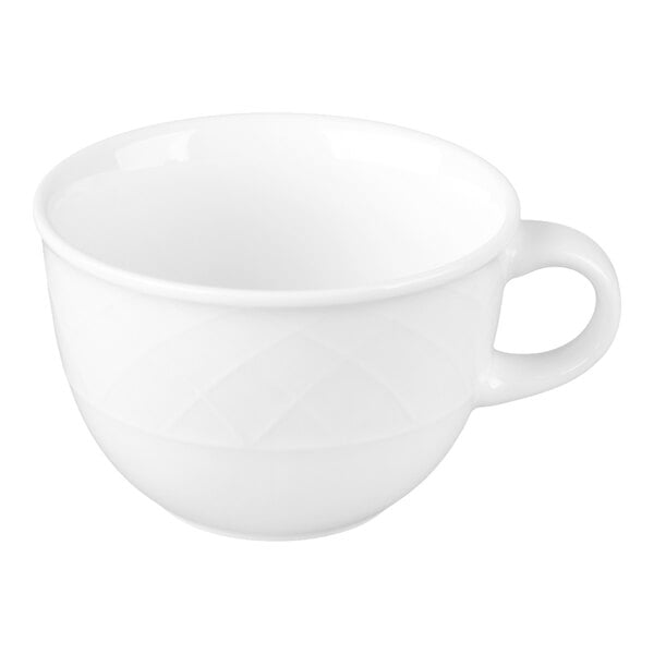 A white porcelain cup with a handle and a subtle diamond pattern on the exterior.