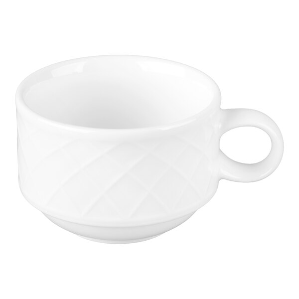A white porcelain cup with a round handle and a subtle diamond pattern on the exterior.