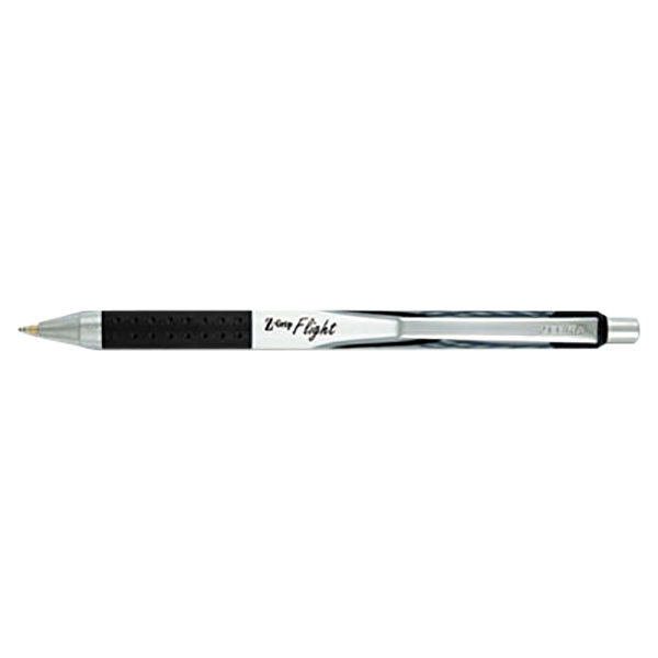 A Zebra Z-Grip Flight pen with black ink and a white barrel with a black and white logo.