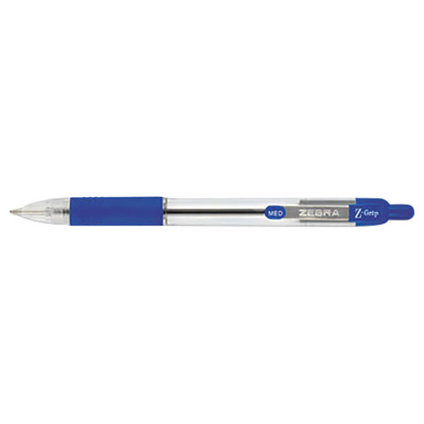 A close-up of a Zebra Z-Grip blue ballpoint pen with a clear barrel and silver tip.