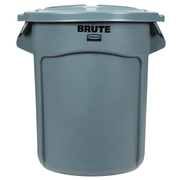 A Rubbermaid BRUTE 20 gallon gray plastic trash can with lid.