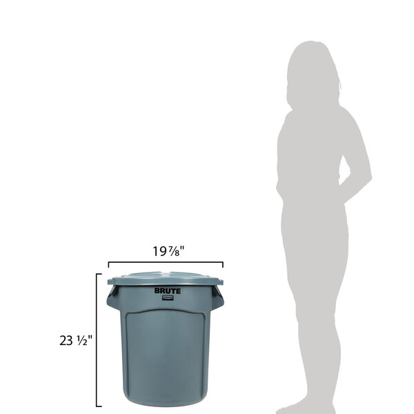 A woman standing next to a Rubbermaid gray plastic trash can.
