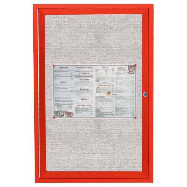 An Aarco red outdoor bulletin board with a menu and price list inside.