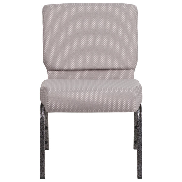 A gray Flash Furniture church chair with a silver metal frame and white dots.