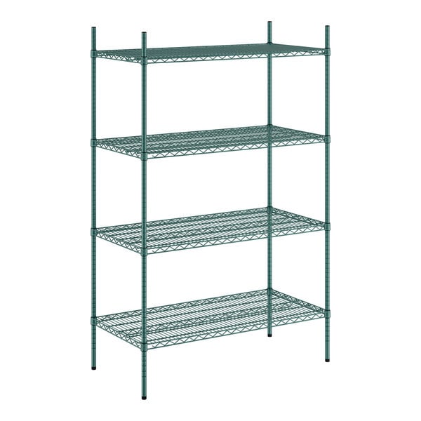 A green metal wire shelving unit with four shelves.