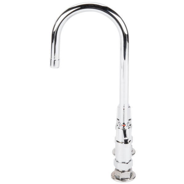 A silver Equip by T&S deck-mounted faucet with chrome lever handles.