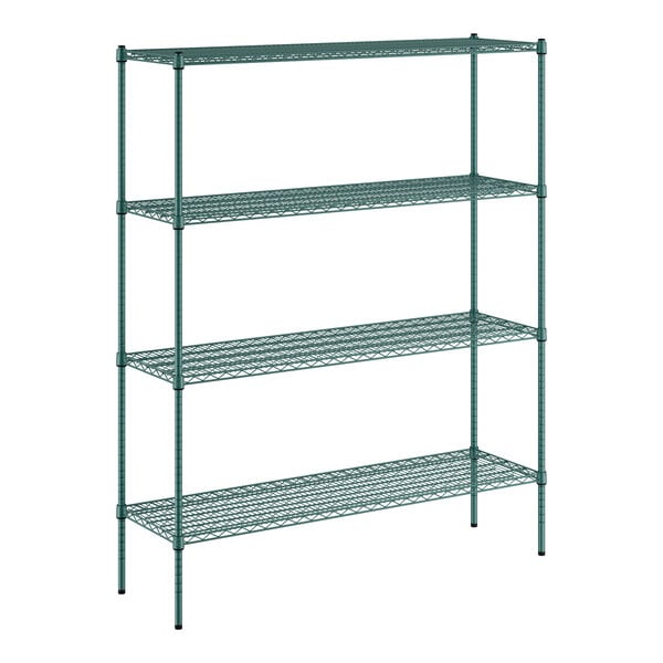 A green metal Regency wire shelving unit with four shelves.