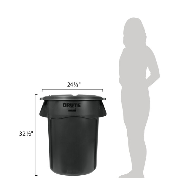 A woman standing next to a black Rubbermaid BRUTE trash can with a lid.