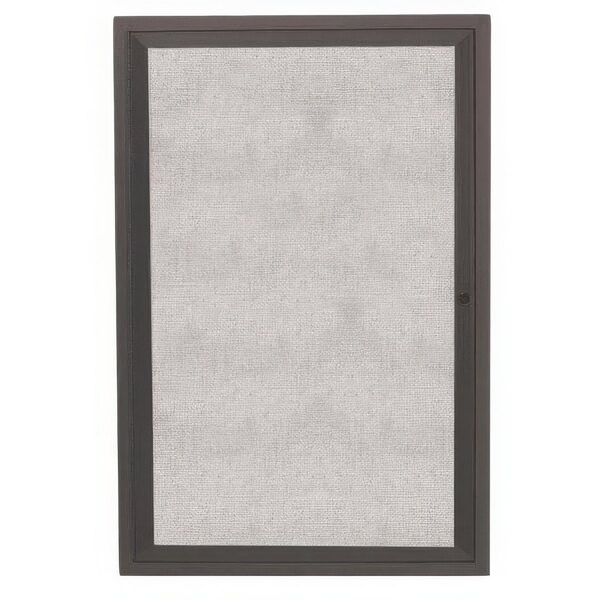 The bronze anodized door with a black frame for an Aarco outdoor bulletin board.