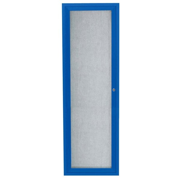 A blue door with a glass panel on a blue bulletin board cabinet.