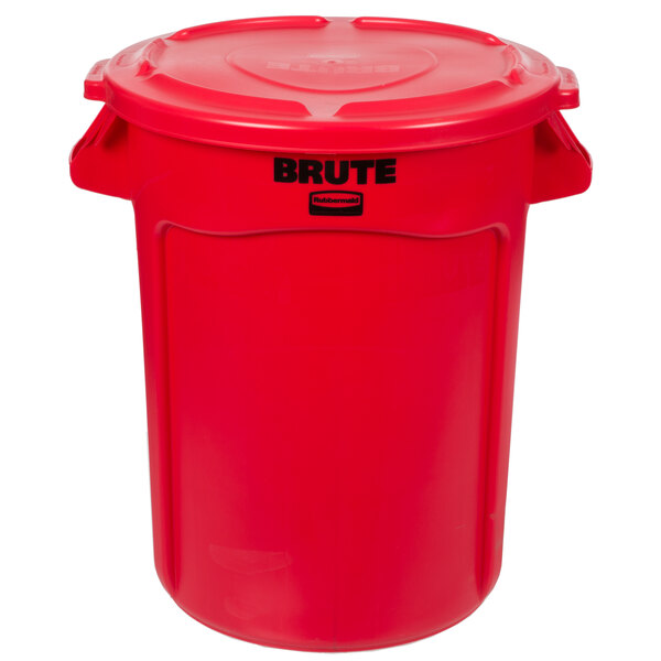 A red Rubbermaid BRUTE trash can with a lid.
