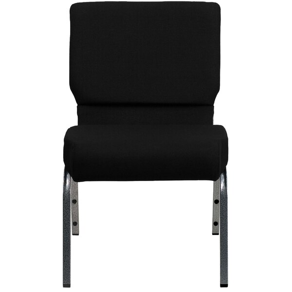 A black church chair with silver legs.