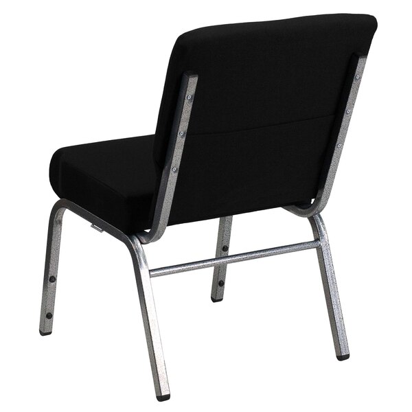 A black Flash Furniture church chair with silver metal legs.