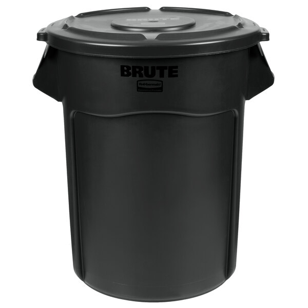 A black Rubbermaid Brute trash can with a lid.