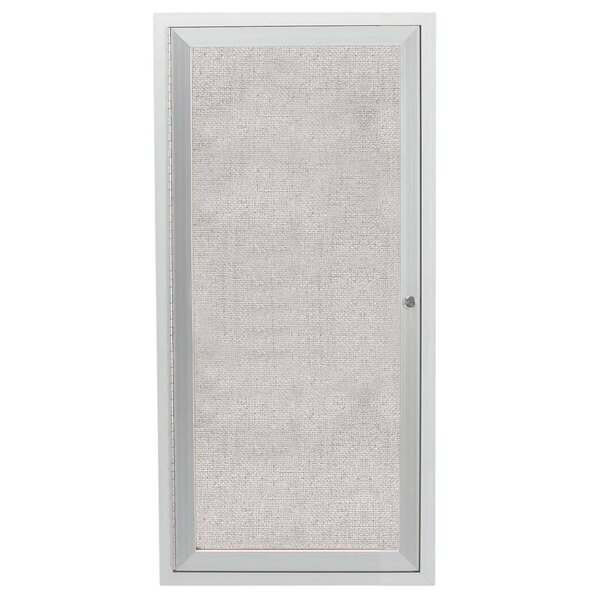 A white rectangular Aarco outdoor bulletin board cabinet with a satin anodized aluminum door and a silver knob.