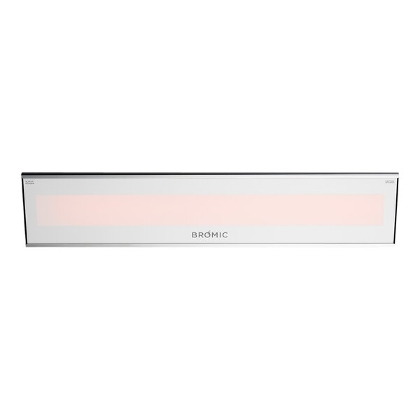 A rectangular white Bromic Heating outdoor patio heater with black text on the front.