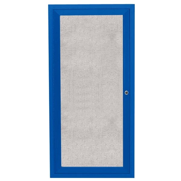 A blue door with a white mesh window on an Aarco outdoor bulletin board.