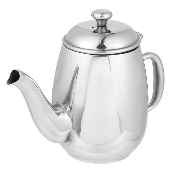 A silver stainless steel Vollrath Orion teapot with a lid.