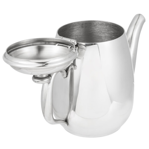 A Vollrath stainless steel teapot with a lid and a handle.