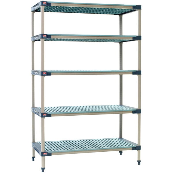 A MetroMax 4 stationary shelving unit with 5 shelves, including a grid shelf.