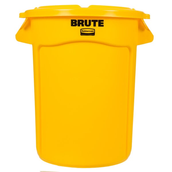 A yellow Rubbermaid BRUTE trash can with a lid.