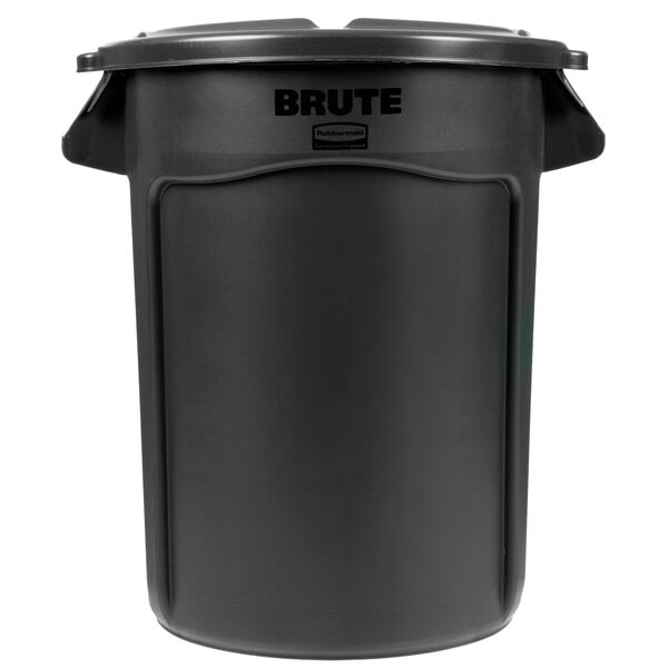 A black Rubbermaid BRUTE round plastic trash can with lid.