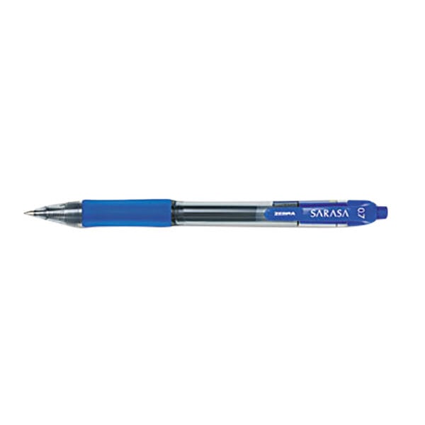 The Zebra Sarasa Blue Gel Pen with a transparent blue barrel and black cap.