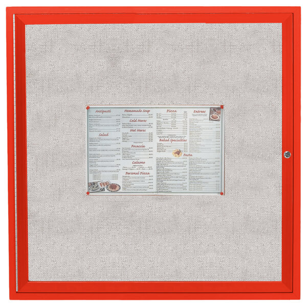 An Aarco red outdoor bulletin board with 1 red door.