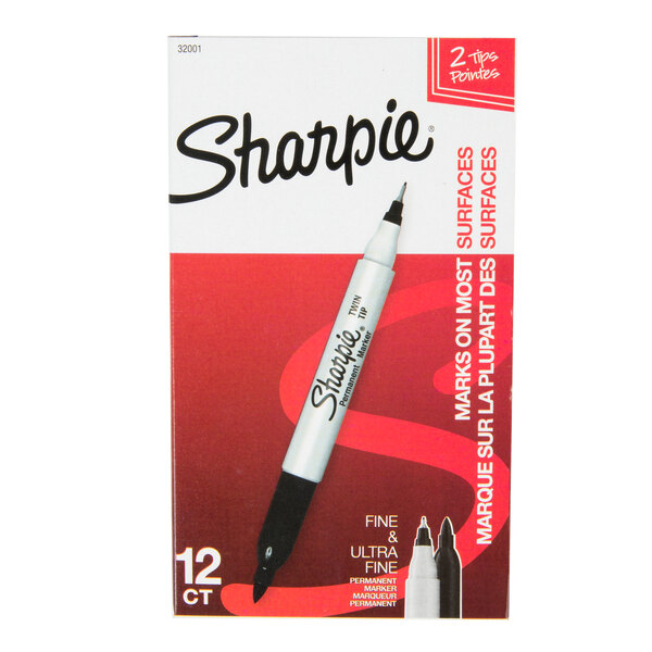 A white box of 12 Sharpie black fine and ultra-fine point permanent markers.