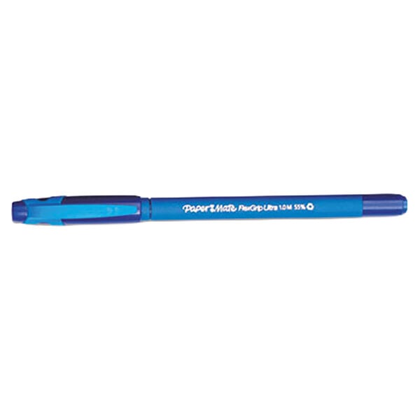 A Paper Mate blue ballpoint stick pen with blue barrel and blue ink.