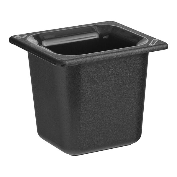 A Carlisle black plastic food pan with a square lid.