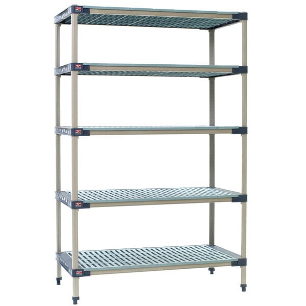 A MetroMax 4 stationary metal shelving unit with five shelves.