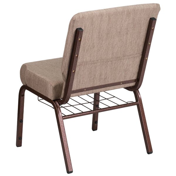 A Flash Furniture beige church chair with a metal frame and book rack.